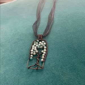 Handcrafted Tree Pendant Necklace with Blue Beads